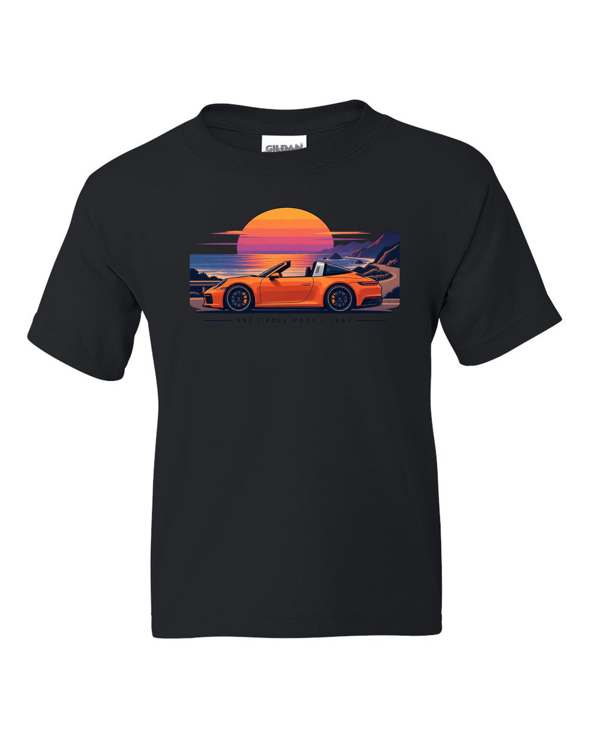 Porsche 997 GT3 RS exploded view diagram design in orange with Mezger lettering black kids tee front view with the design