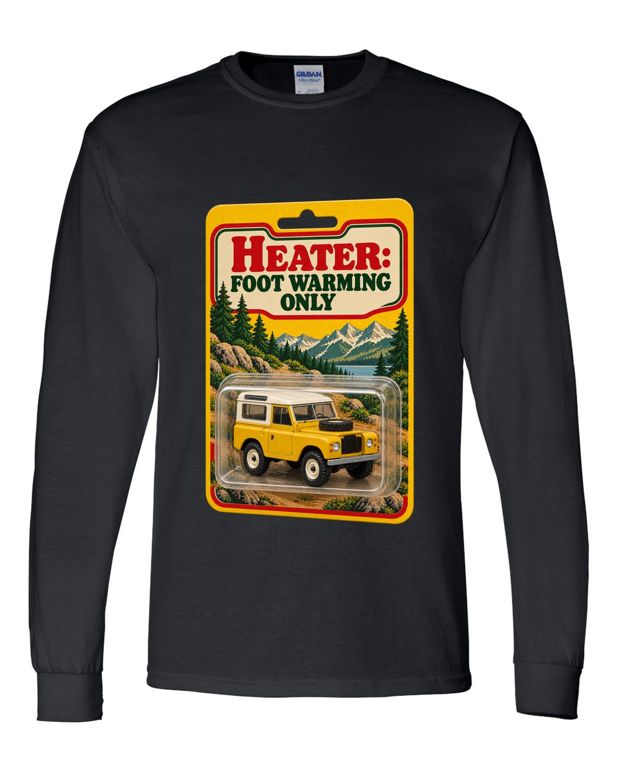 Toy blister card print with a Land Rover Defender 90 and the text Heater Foot Warming Only black long sleeve front view with the design