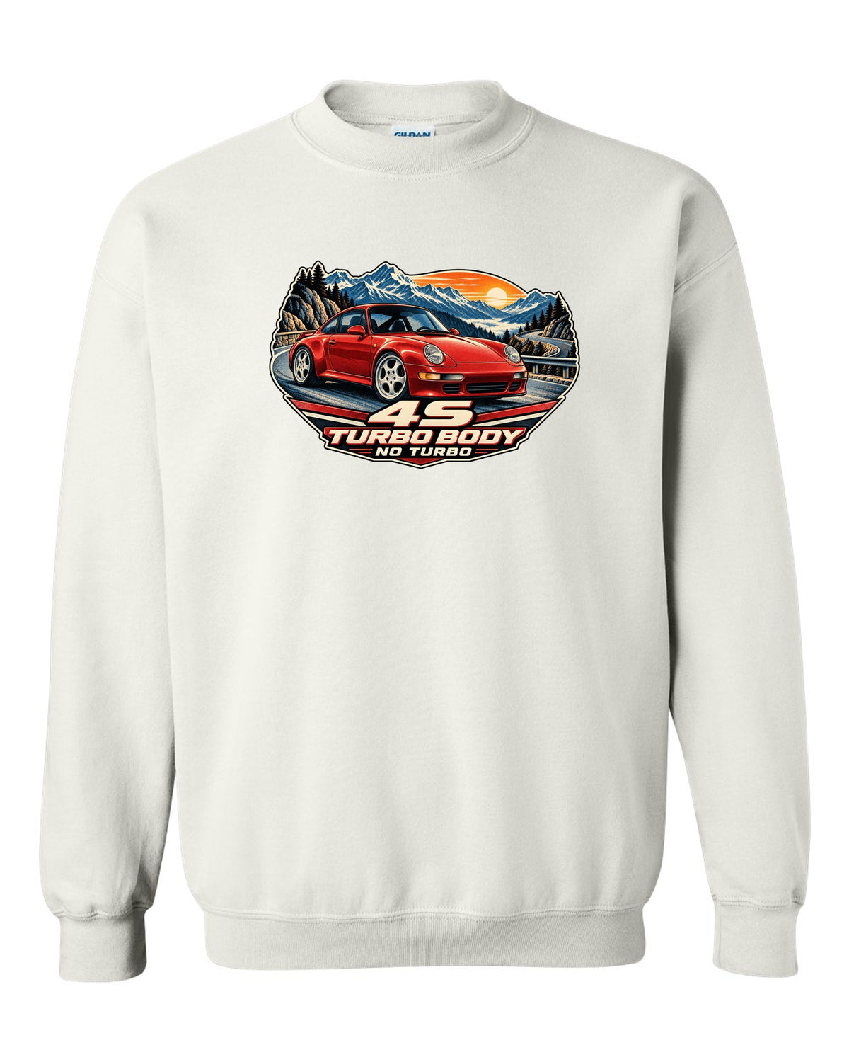 Shield crest print of a 1973 Porsche 911 Carrera RS 2.7 ducktail with the text RS 2.7, 210 PS and 975 KG white crewneck front view with the design
