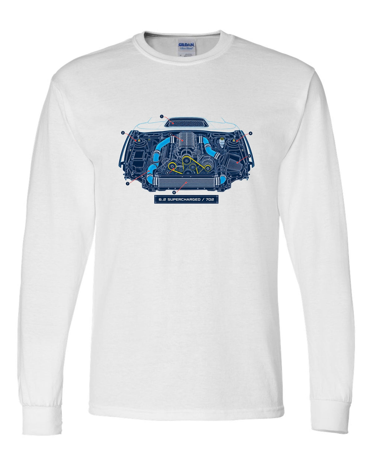 Blueprint-style print of the Ram 1500 TRX engine bay with 6.2 supercharged and 702 callouts white long sleeve front view with the design