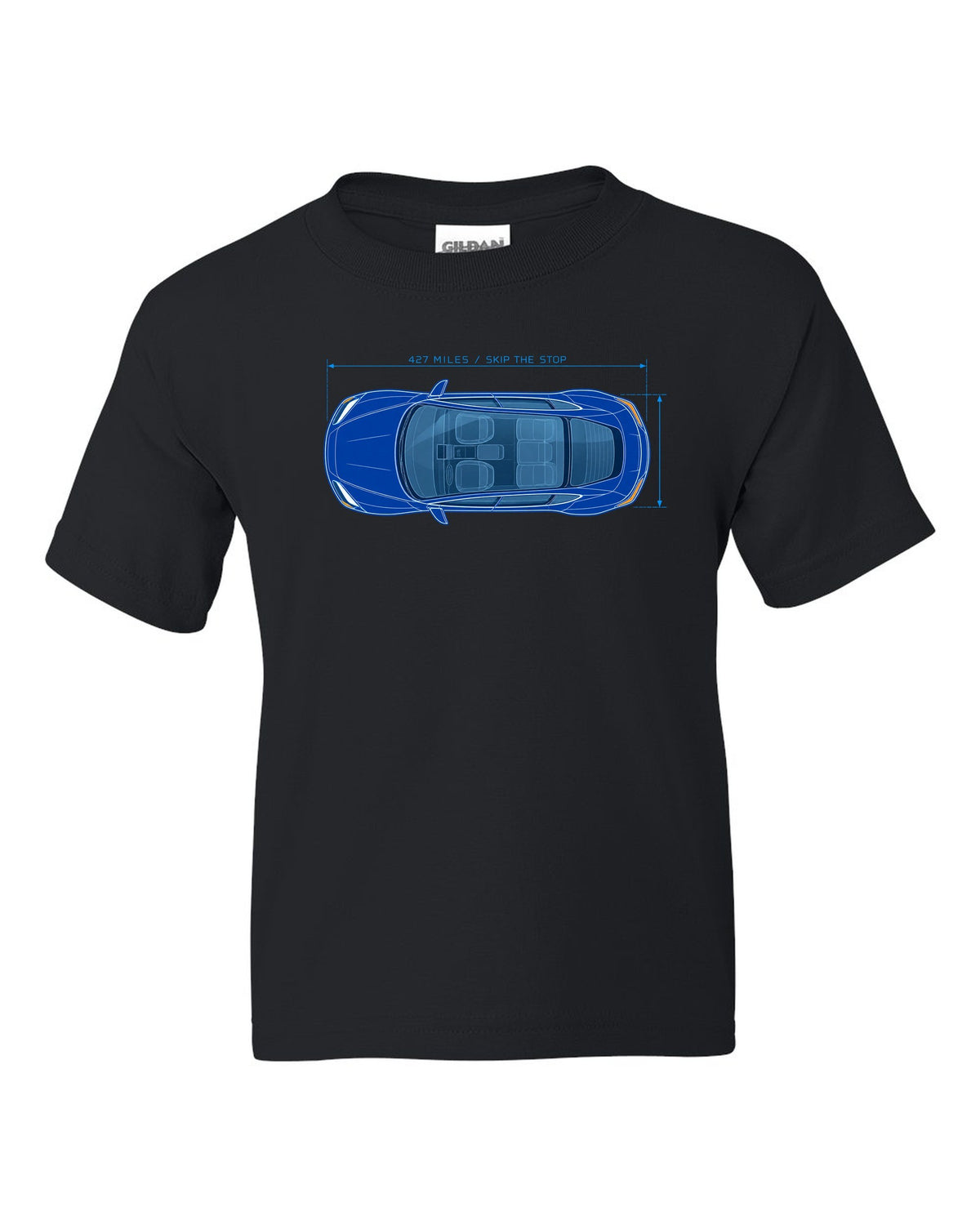 Lucid Air Sapphire white and cyan blueprint print with the text 427 miles skip the stop black kids tee front view with the design
