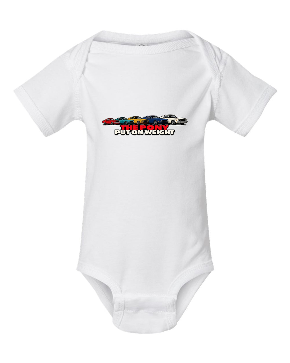 Generation evolution lineup print of five first-generation Ford Mustangs 1965-73 white baby onesie front view with the design