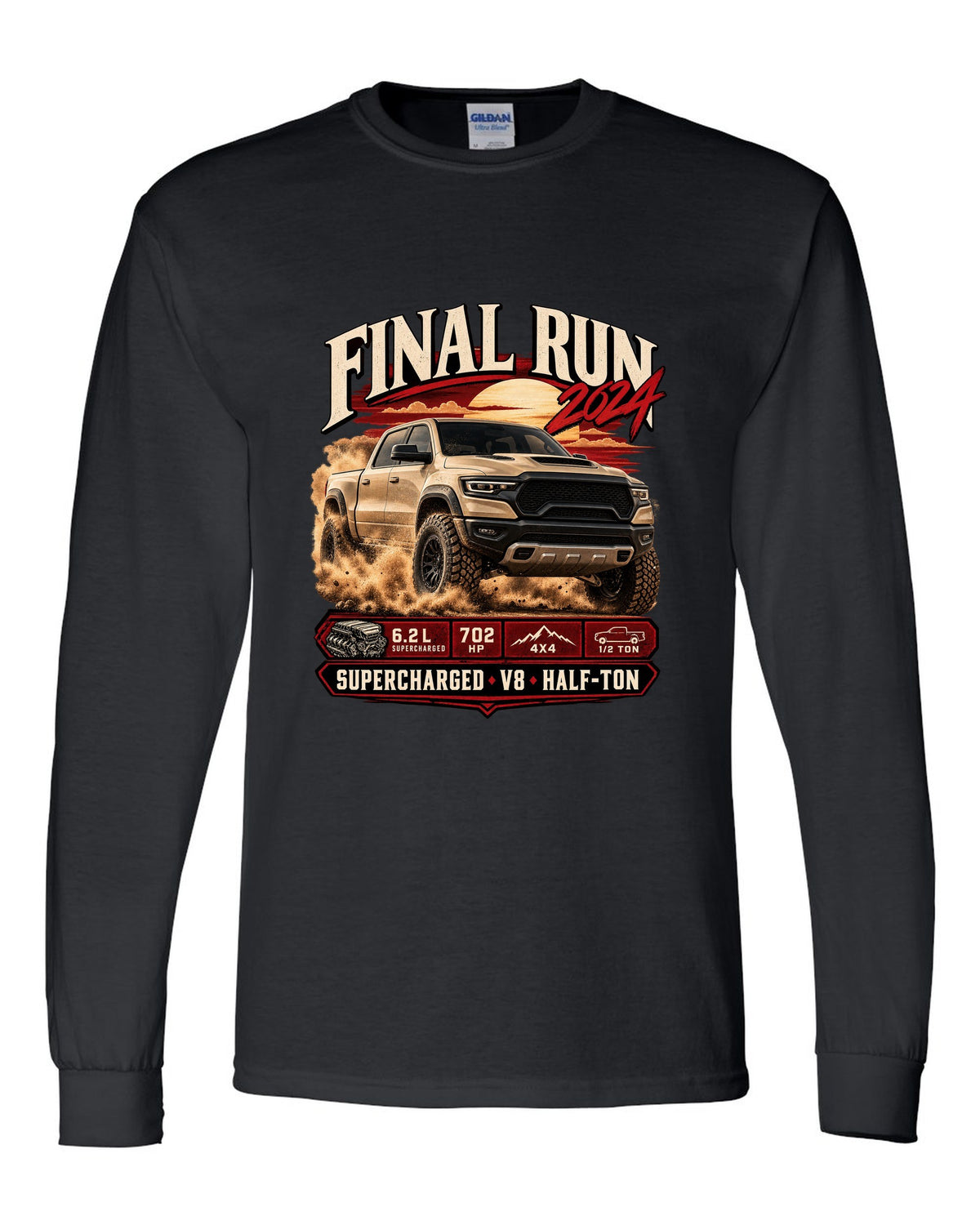 Archive panel print of a 2024 Ram 1500 TRX Final Edition with final run and supercharged V8 text black long sleeve front view with the design