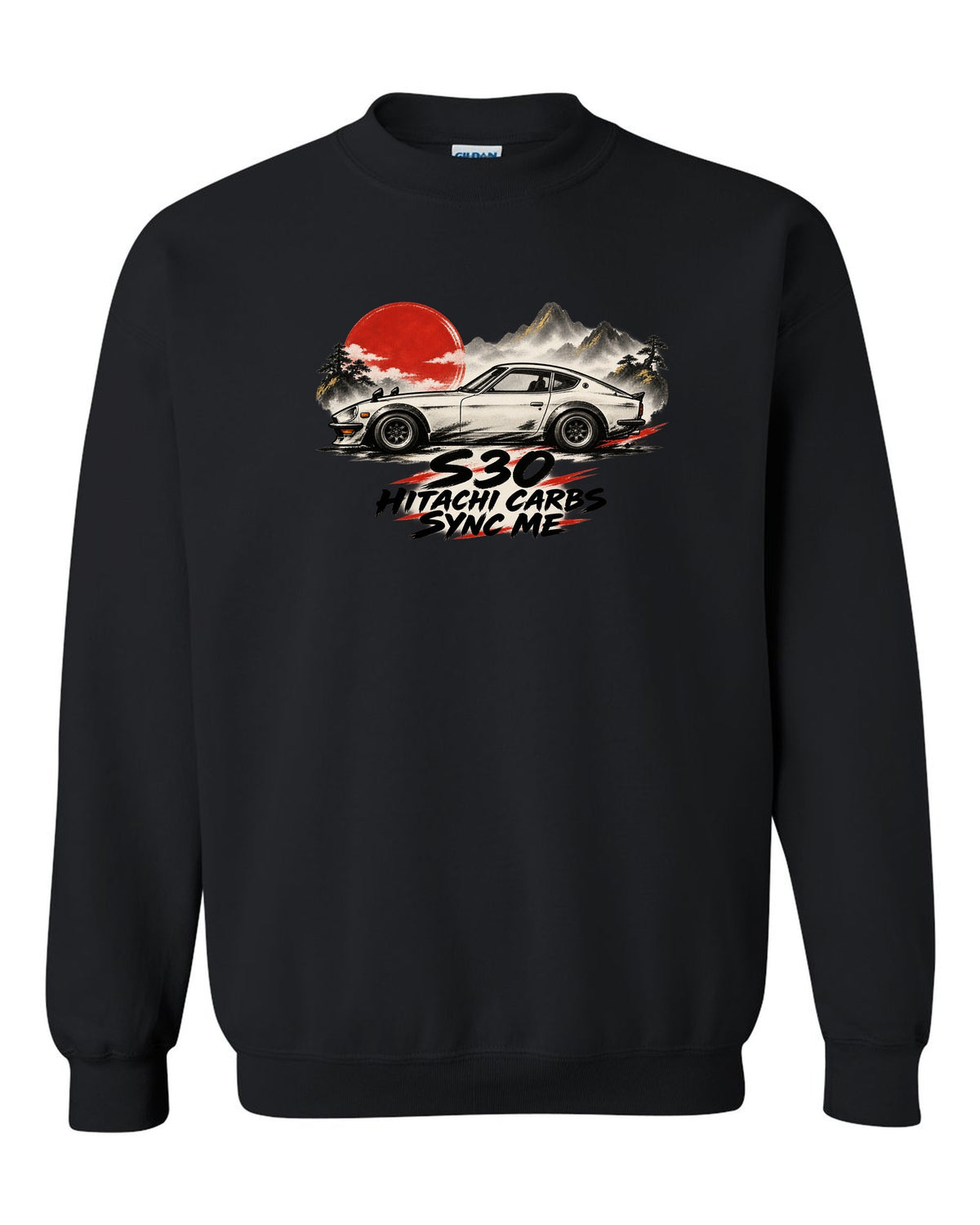 Sumi-e ink wash profile of a 1972 Datsun 240Z S30 with red accents black crewneck front view with the design