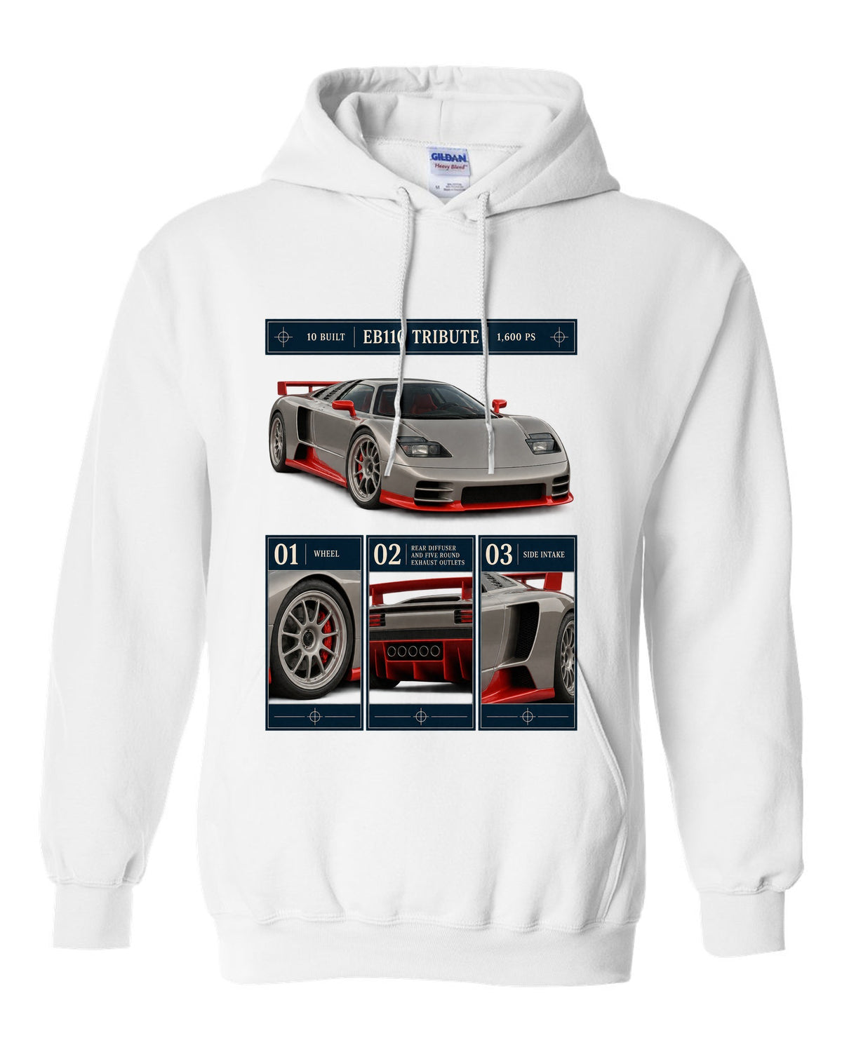 Bugatti Centodieci dossier panel print noting EB110 tribute and 10 built white pull over hoodie front view with the design