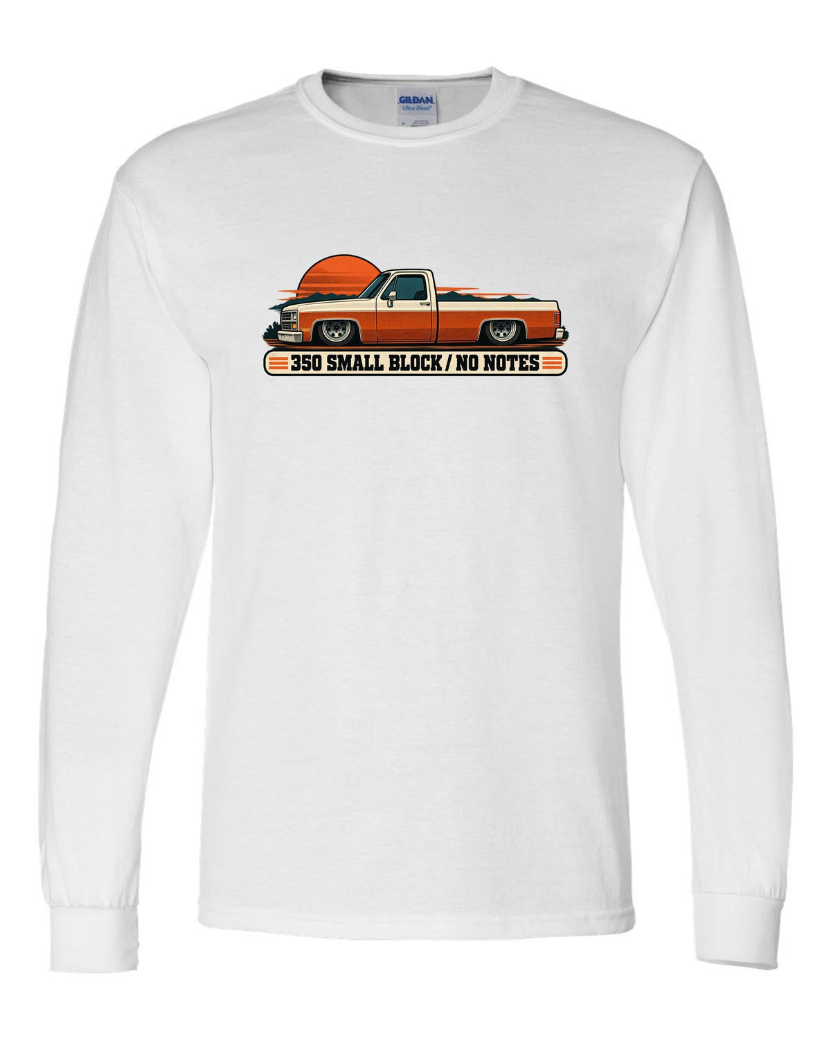Retro two-colour halftone print of a dropped Chevrolet C10 Squarebody at dusk with 350 small block text white long sleeve front view with the design
