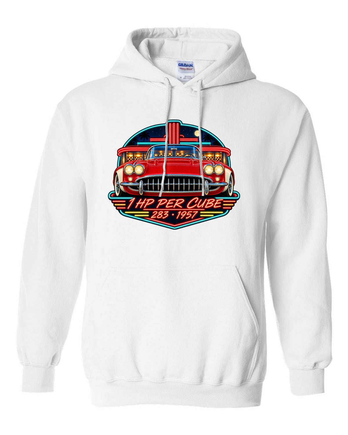 Vintage neon diner sign print of a 1957 Chevrolet Corvette C1 with 1 HP Per Cube 283 lettering white pull over hoodie front view with the design