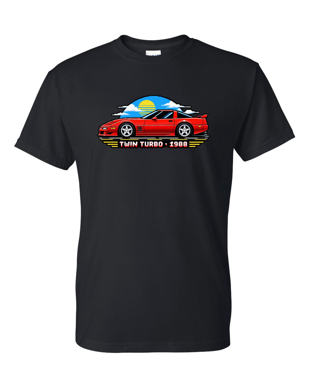 16-bit pixel art of a 1988 C4-based twin-turbo Corvette with pop-up headlights black t-shirt front view with the design
