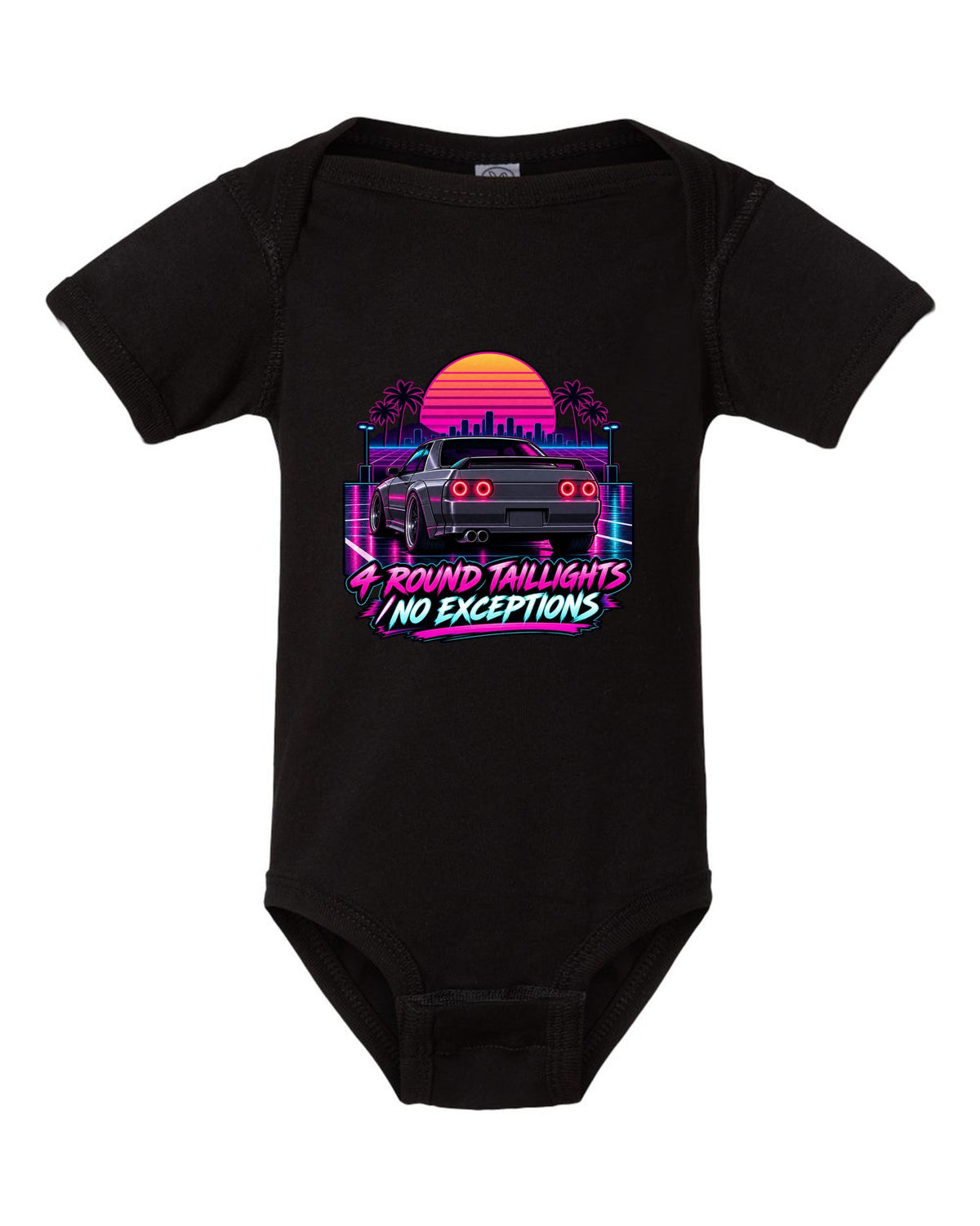 Neon synthwave print of a Nissan Skyline GT-R R32 BNR32 rear with four round taillights black baby onesie front view with the design