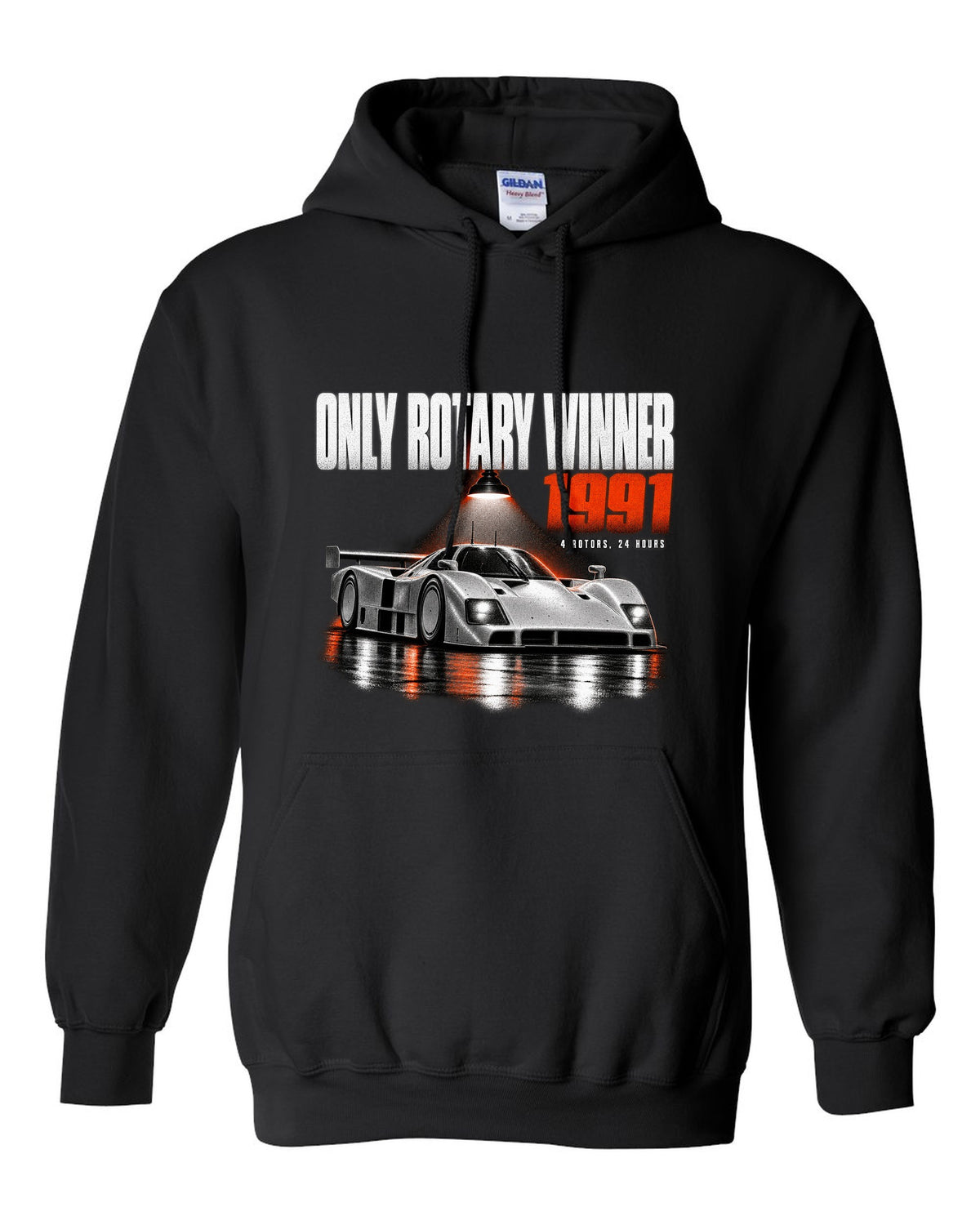 Mazda 787B in a dark garage with only rotary winner 1991 lettering black pull over hoodie front view with the design