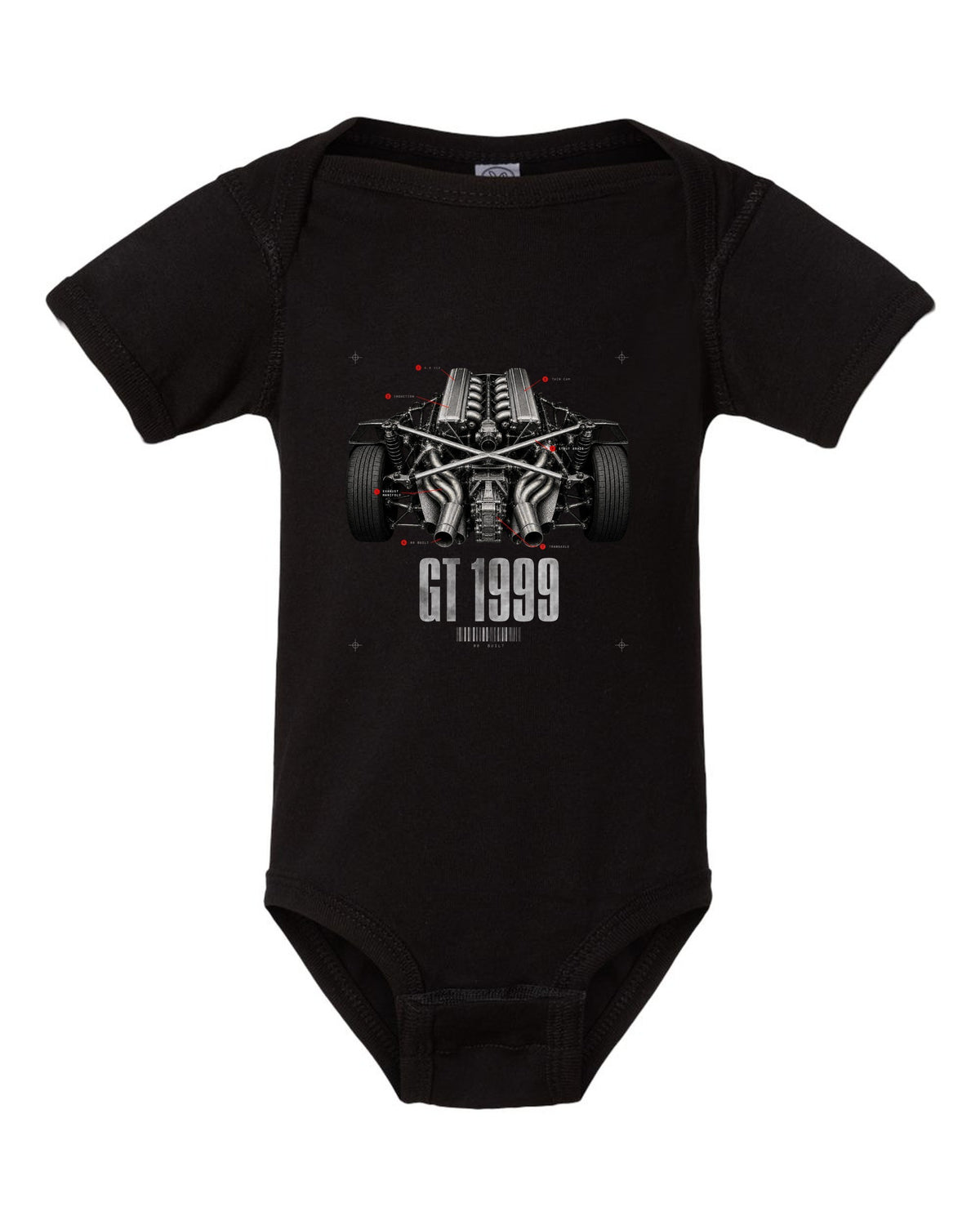 Engine hero print of a Lamborghini Diablo GT 6.0 V12 with 80 built text black baby onesie front view with the design