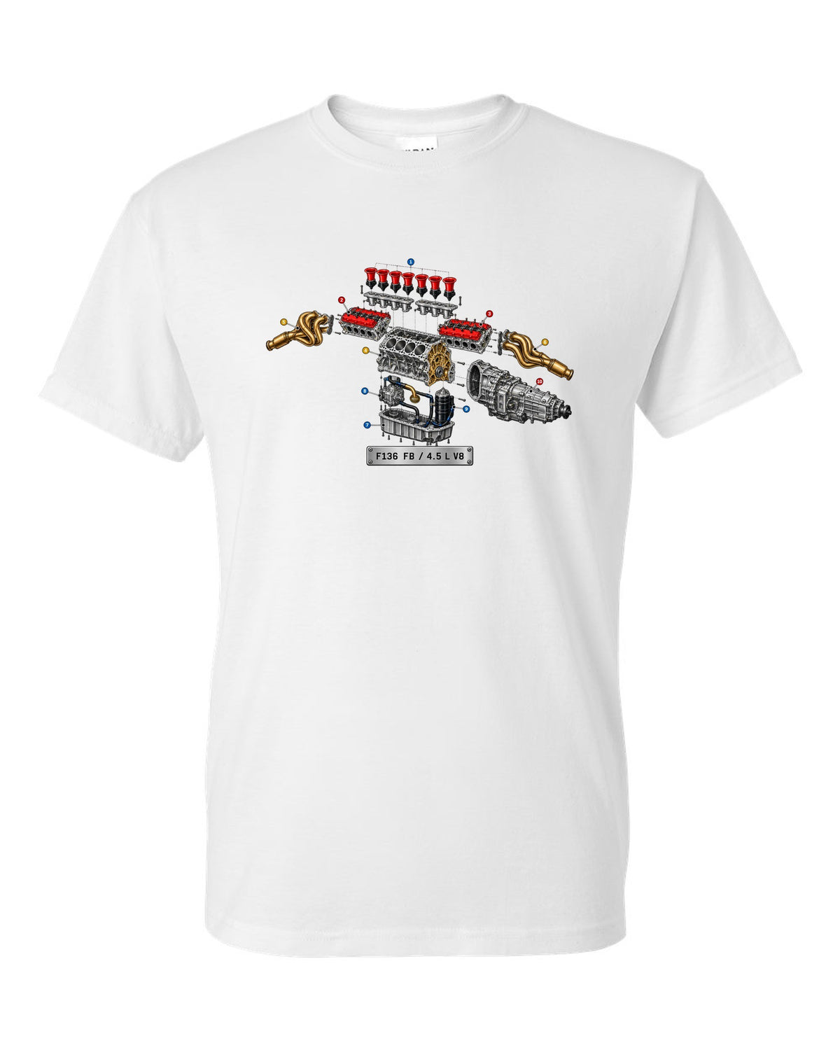 Exploded view of the Ferrari 458 Italia F136 FB V8 with numbered callouts white t-shirt front view with the design
