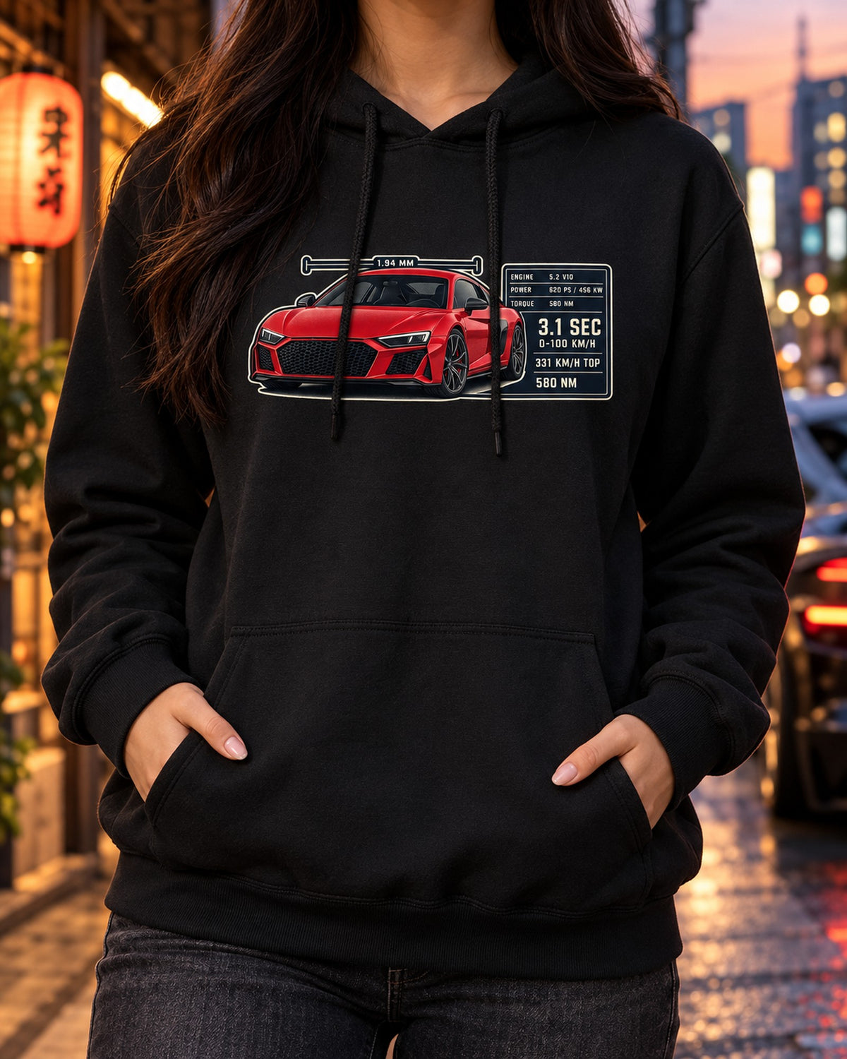 Audi R8 V10 Performance Spec Poster Tee, 331 km/h Top Speed Pull Over Hoodie Black worn hero