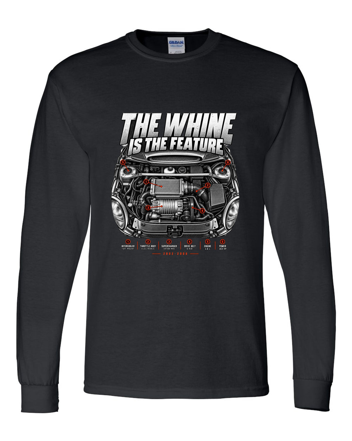 Mini Cooper S R53 engine bay print with supercharger callouts and whine text black long sleeve front view with the design