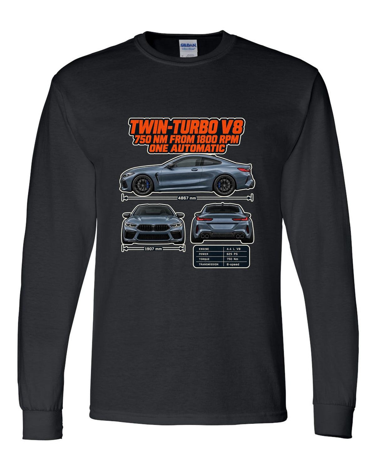 BMW M8 Competition Coupe F92 three-view and spec table print on a tee black long sleeve front view with the design