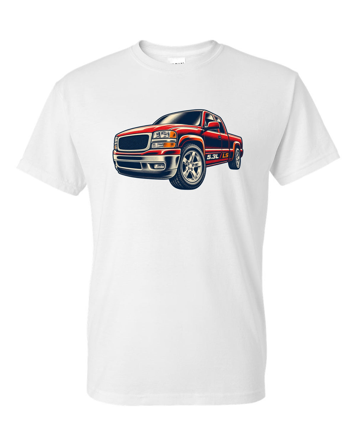 Retro screen-print wheel close-up print for a 1999-2006 Chevrolet Silverado GMT800 with 5.3L LS text white t-shirt front view with the design