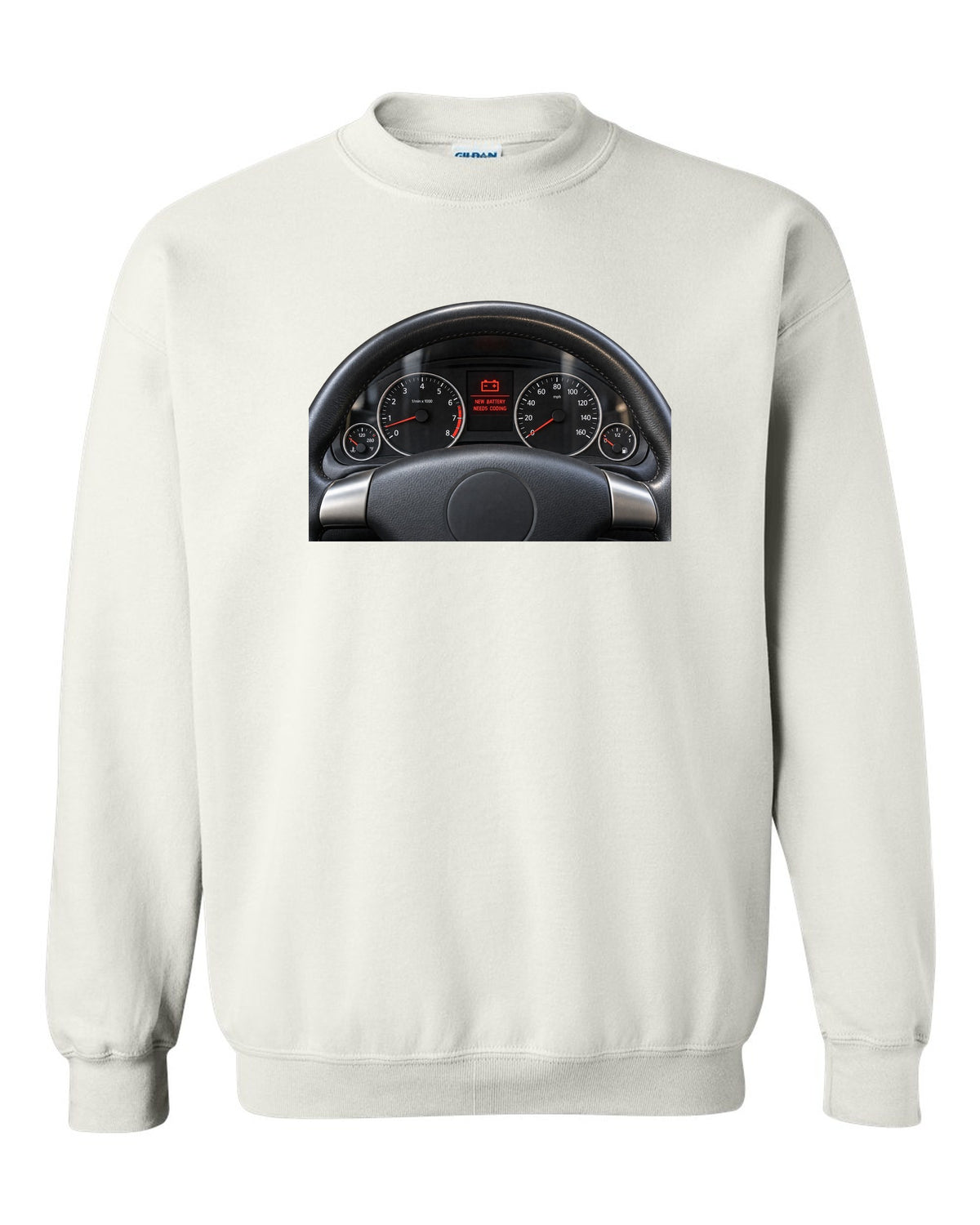 BMW E92 M3 cockpit gauge print with new battery needs coding text white crewneck front view with the design