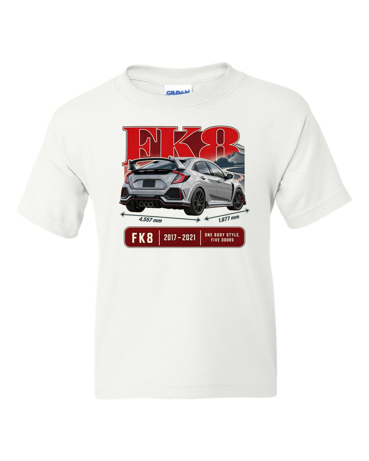print archive panel of a silver-grey Honda Civic Type R FK8 white kids tee front view with the design