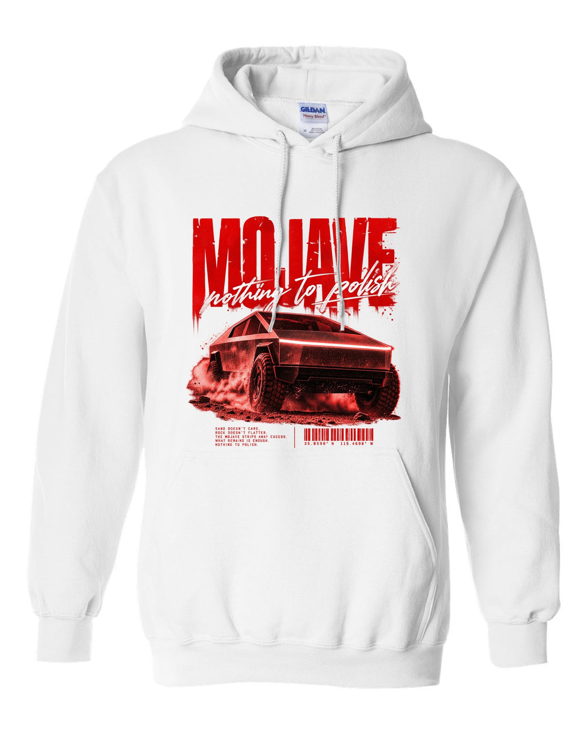 Tesla Cybertruck low front three-quarter on a Mojave desert road street poster white pull over hoodie front view with the design