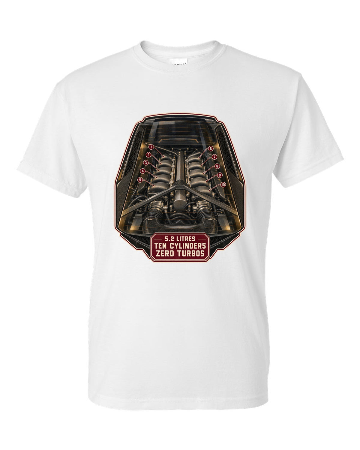 Audi R8 V10 plus Type 4S mid-engine bay hero print design white t-shirt front view with the design