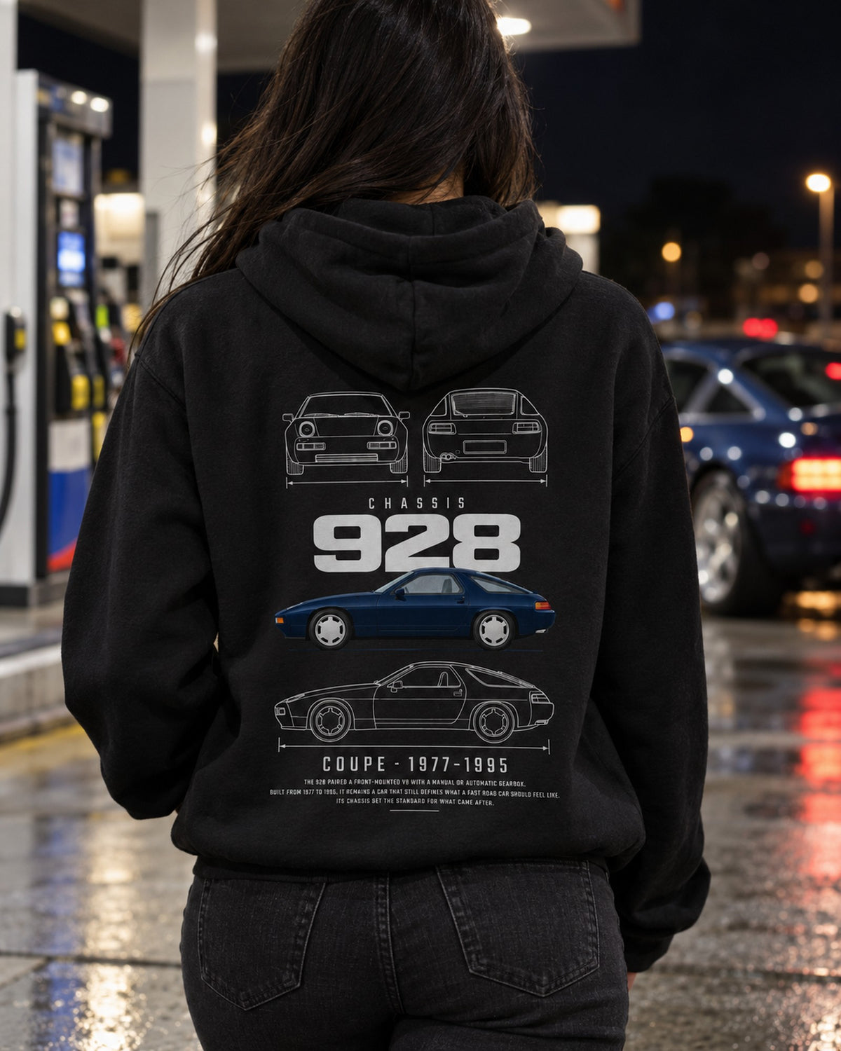 Porsche 928 Blueprint Full-Back Graphic Tee, 928 Chassis Code Pull Over Hoodie Black worn hero
