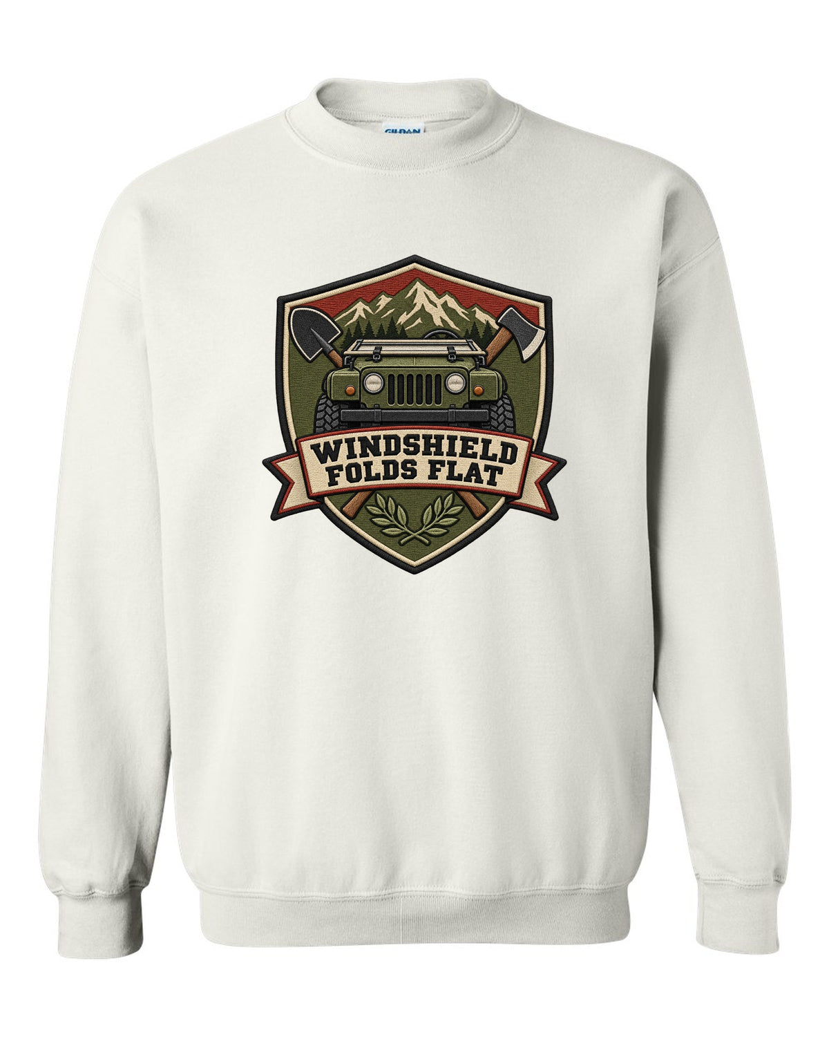 Jeep Wrangler JL embroidery shield crest design with windshield folds flat text white crewneck front view with the design