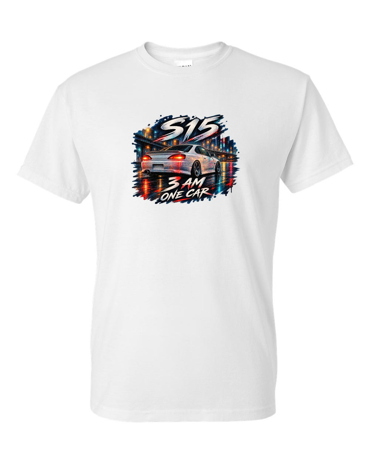Watercolour wet-road night scene of a Nissan Silvia S15 at 3 AM white t-shirt front view with the design