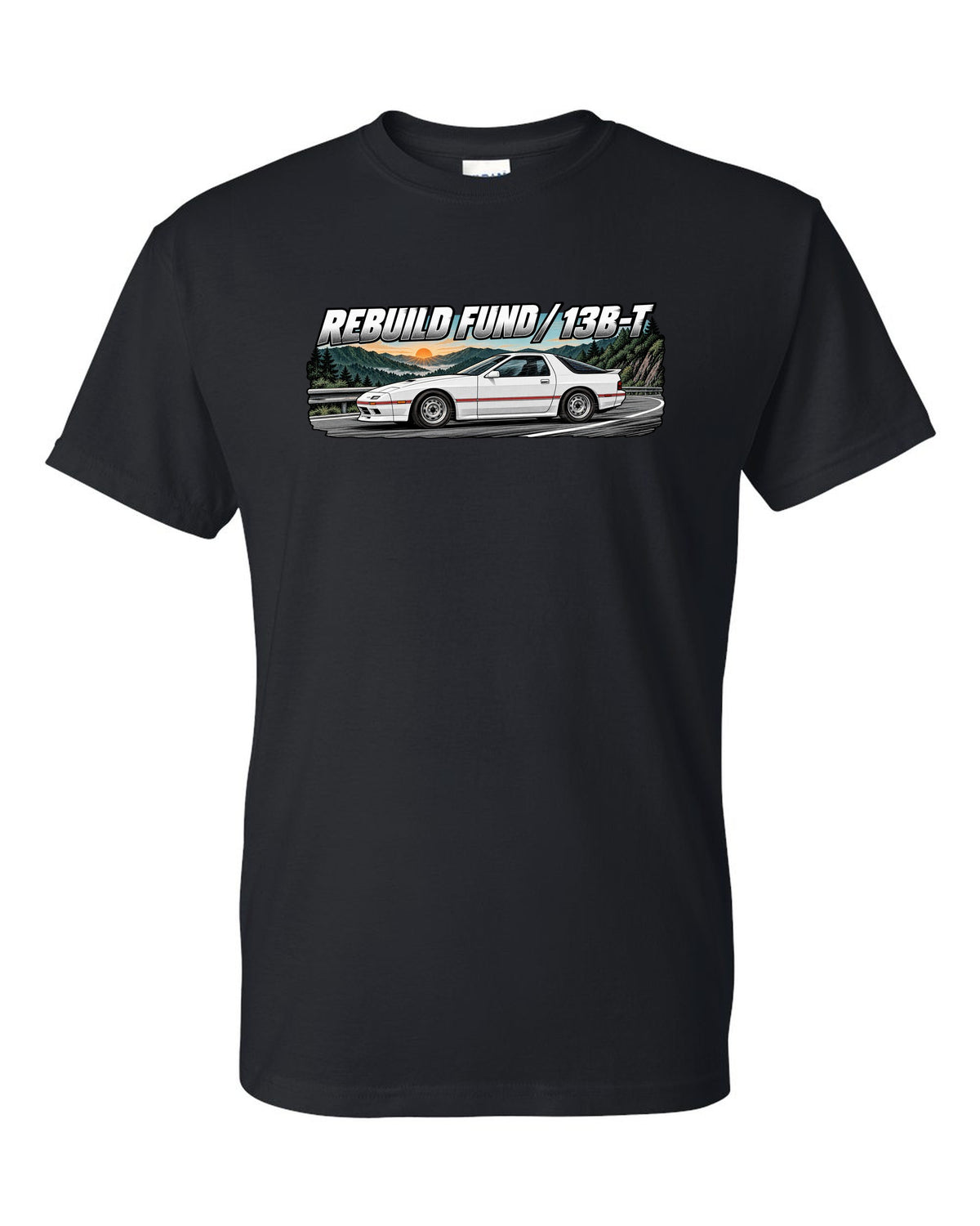 Retro manga ink and screentone illustration of a Mazda RX-7 FC3S black t-shirt front view with the design