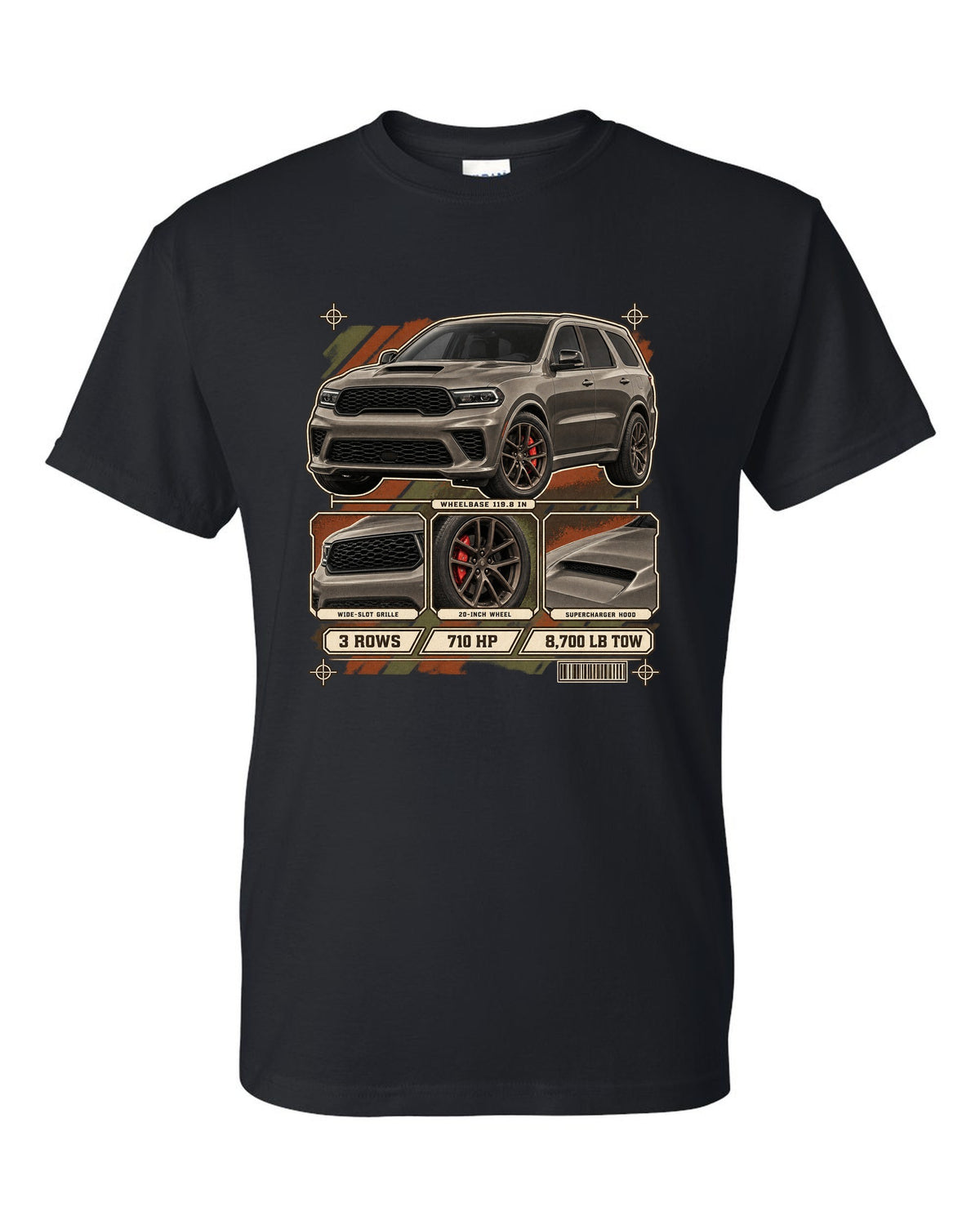 print of a 2021 Dodge Durango SRT Hellcat with spec dossier panels black t-shirt front view with the design
