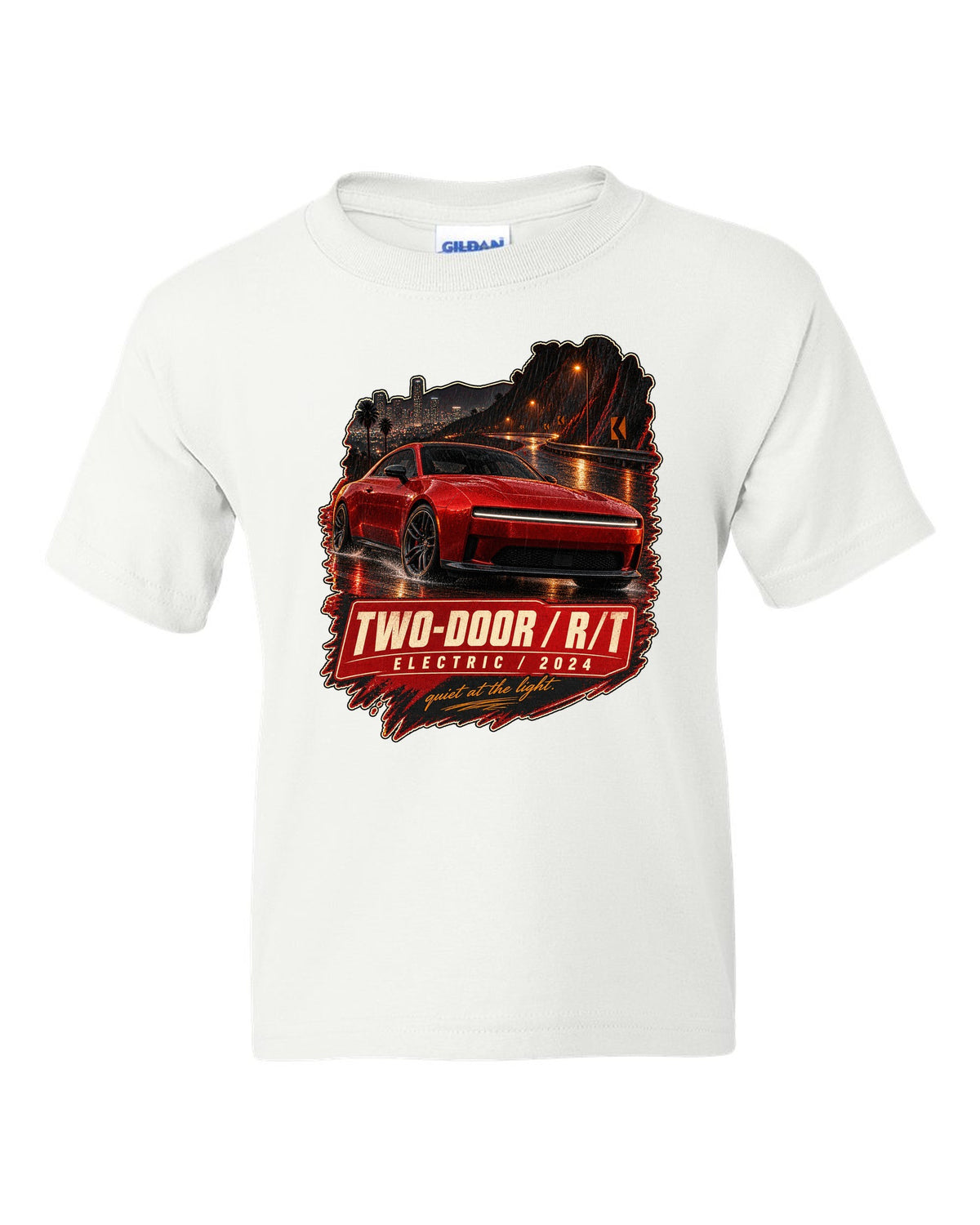 print of a 2024 Dodge Charger Daytona R/T on a night street white kids tee front view with the design