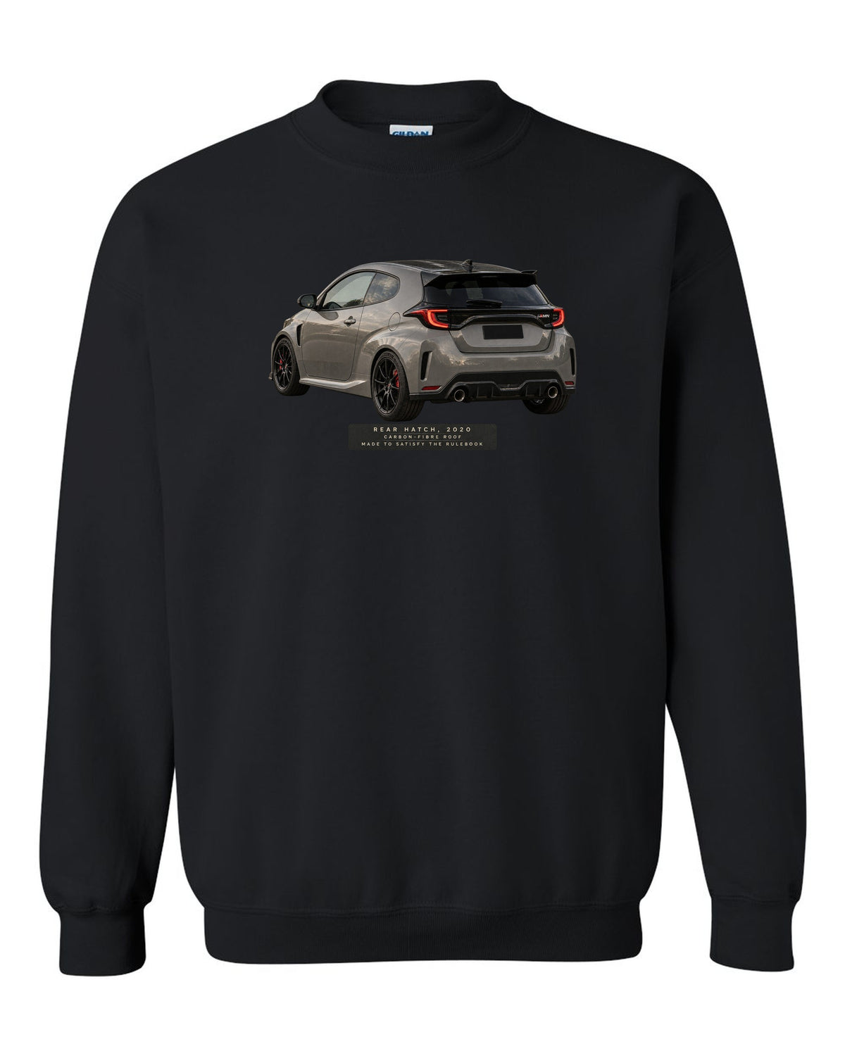 Close-up of a Toyota GR Yaris 2020 rear tailgate and taillight black crewneck front view with the design