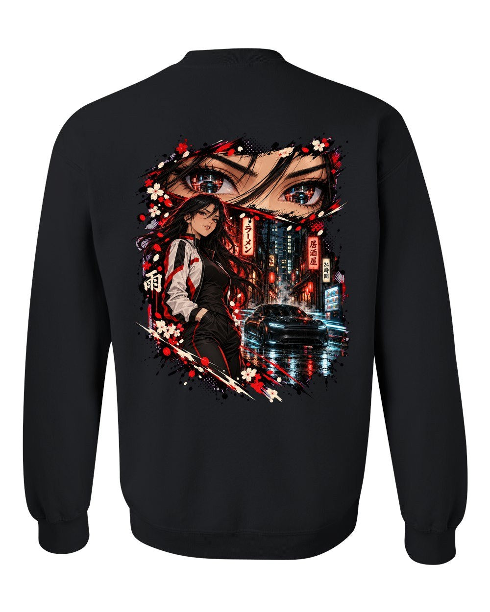 Tesla Model S Plaid Anime Girl Crewneck Black back