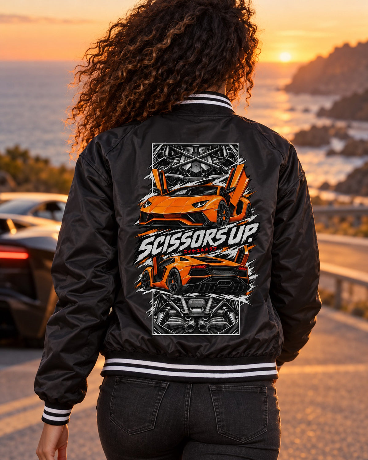 Lamborghini Aventador Torn Poster Full-Back Graphic Tee Bomber Jacket Black worn hero