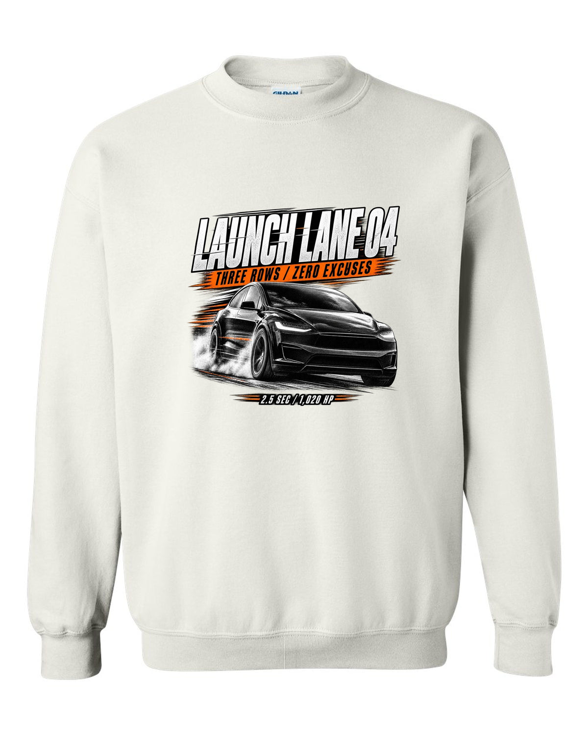 Tesla Model X Plaid front three-quarter launching in a race poster reading Launch Lane 04 white crewneck front view with the design
