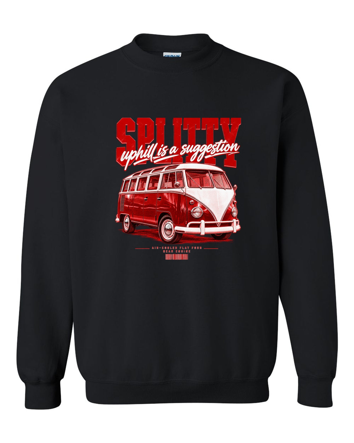 Street poster print of a 1963 VW T1 split-window bus with air-cooled flat-four text black crewneck front view with the design