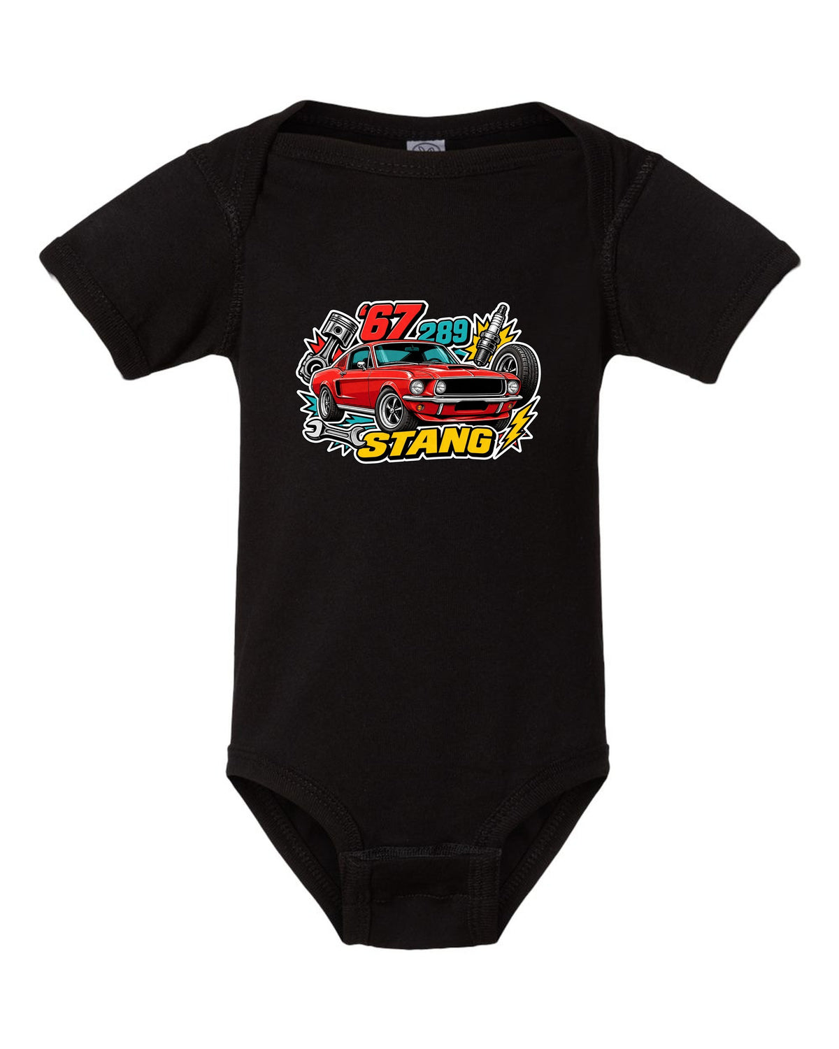 Sticker-bomb collage print of a 1967 Ford Mustang fastback black baby onesie front view with the design