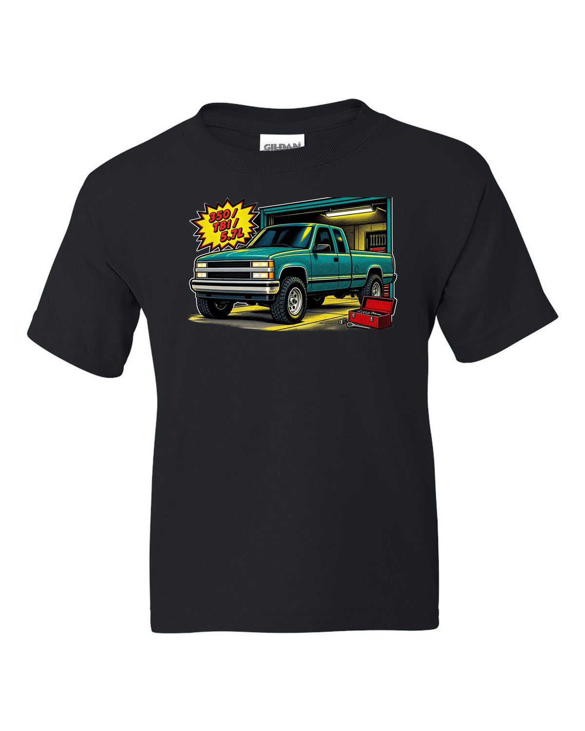 Comic halftone pop-art print of a 1988-1998 Chevrolet GMT400 OBS Silverado with 350 TBI 5.7L text black kids tee front view with the design