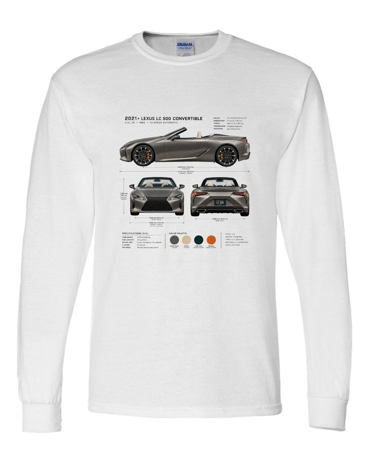 Three-view drawing of the Lexus LC 500 Convertible with spec table white long sleeve front view with the design