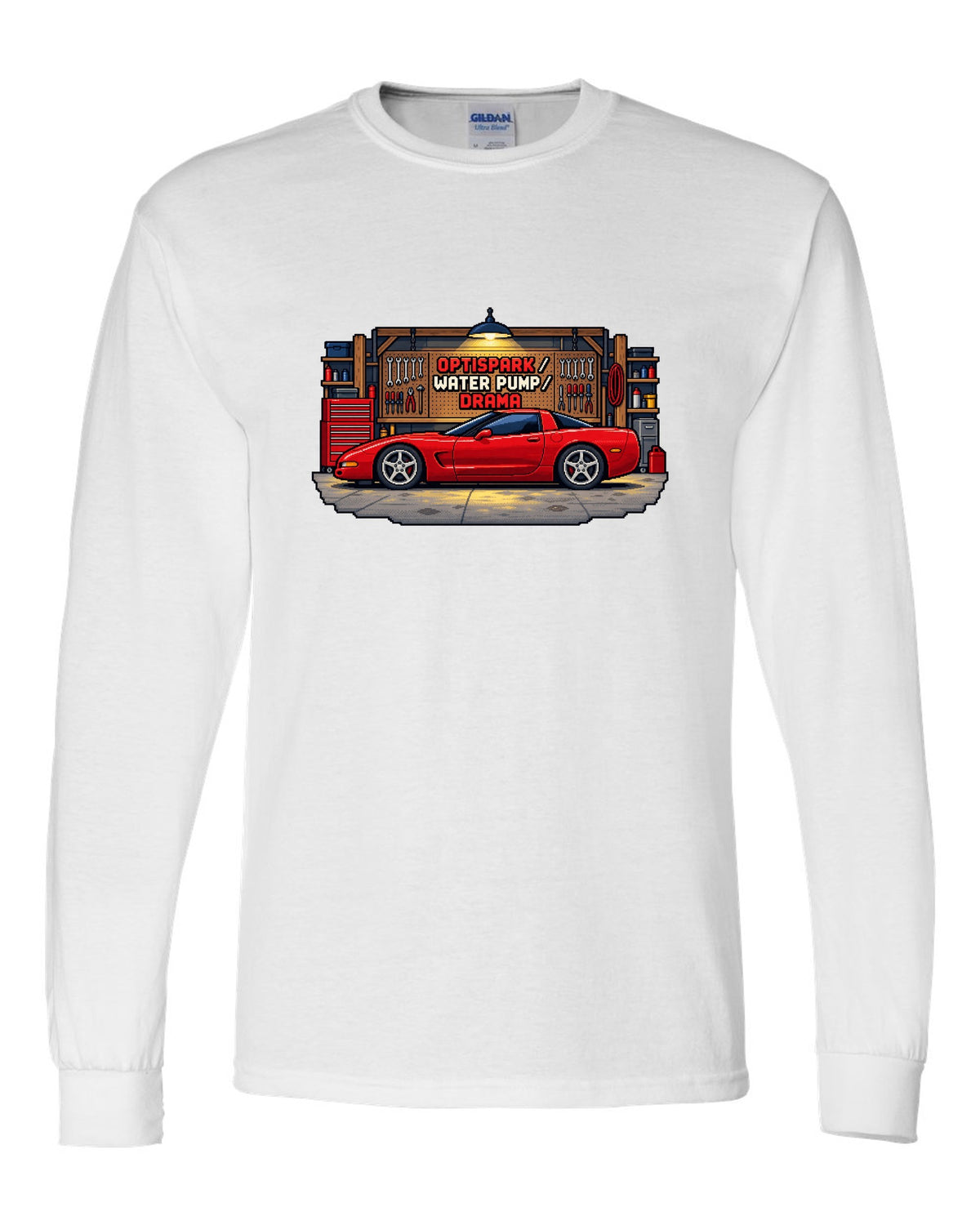Pixel art print of a 1997 Chevrolet Corvette C5 coupe with Optispark Water Pump Drama text white long sleeve front view with the design
