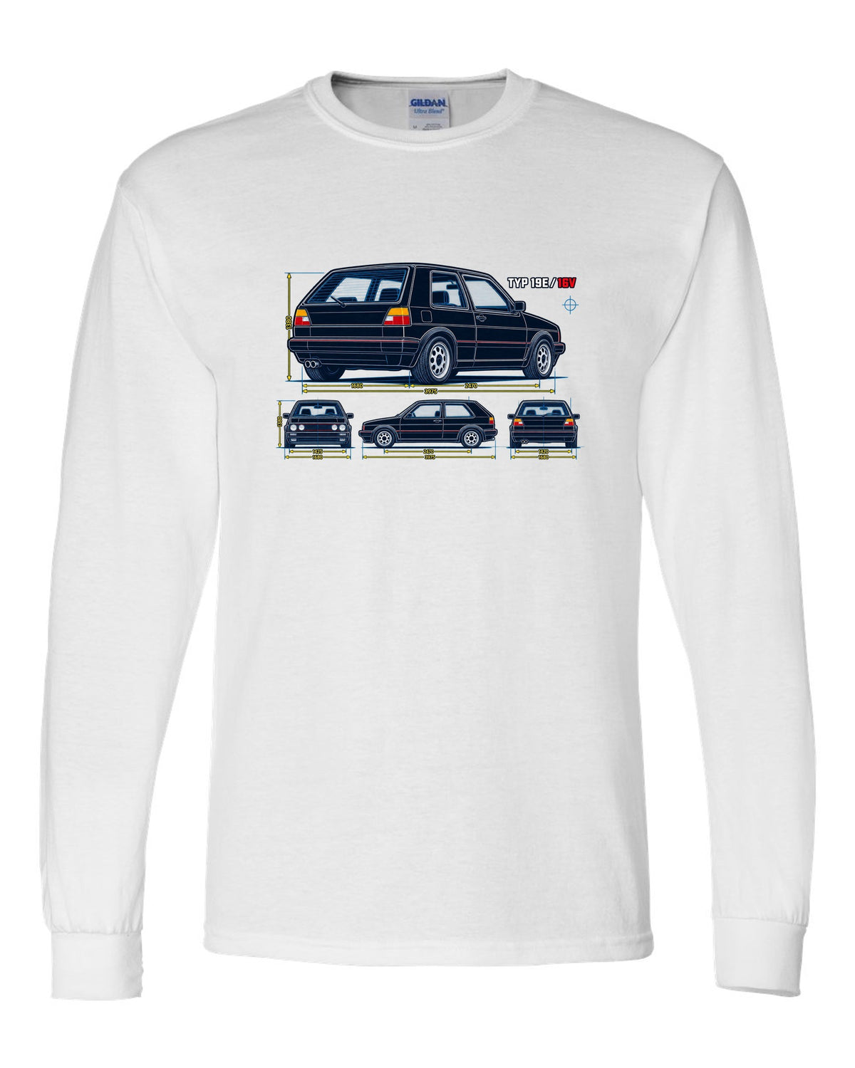 Blueprint line art print of a VW Golf Mk2 GTI 16V with Typ 19E text white long sleeve front view with the design