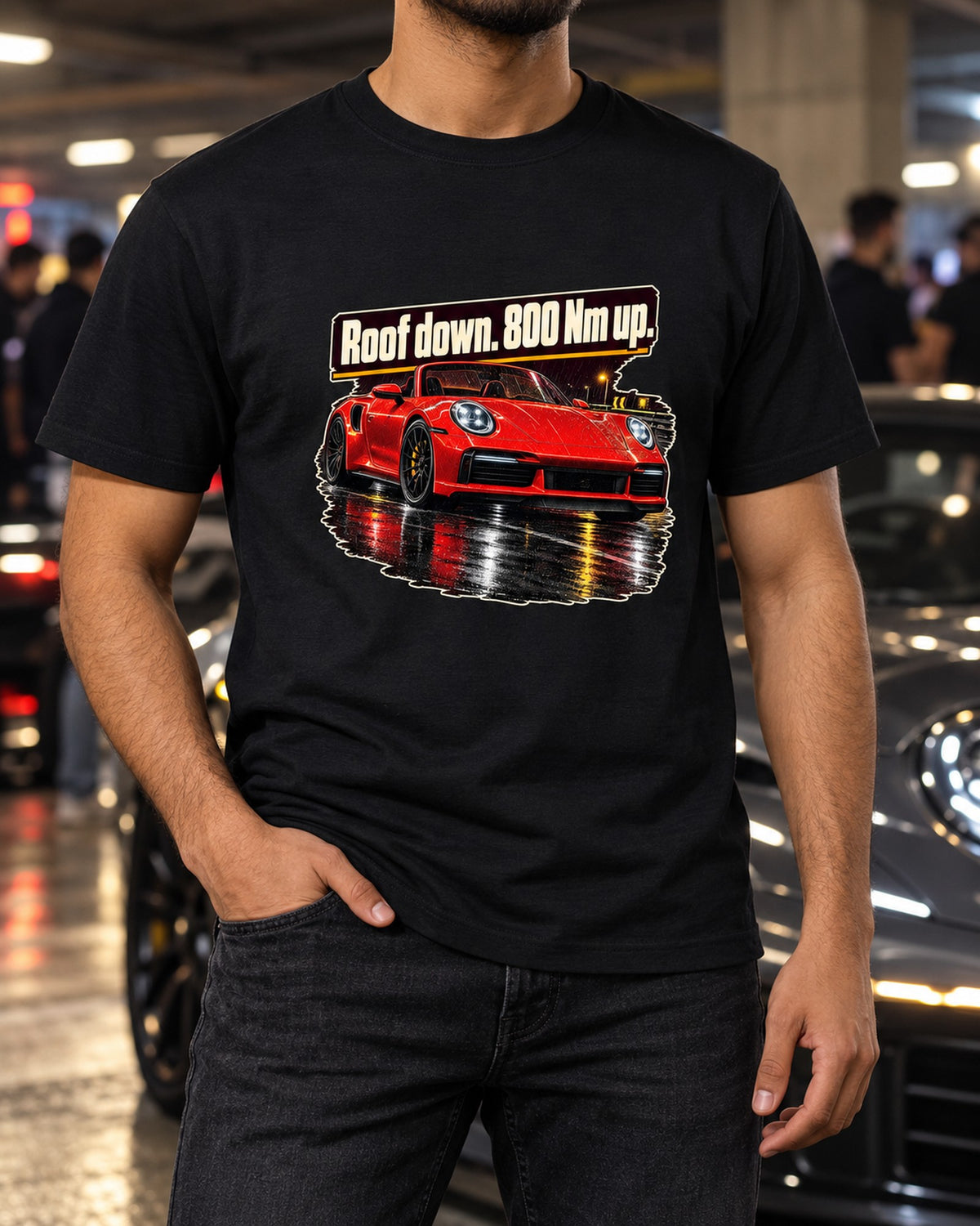 Porsche 992 Turbo S Cabriolet Night Street print Tee T-Shirt Black worn hero