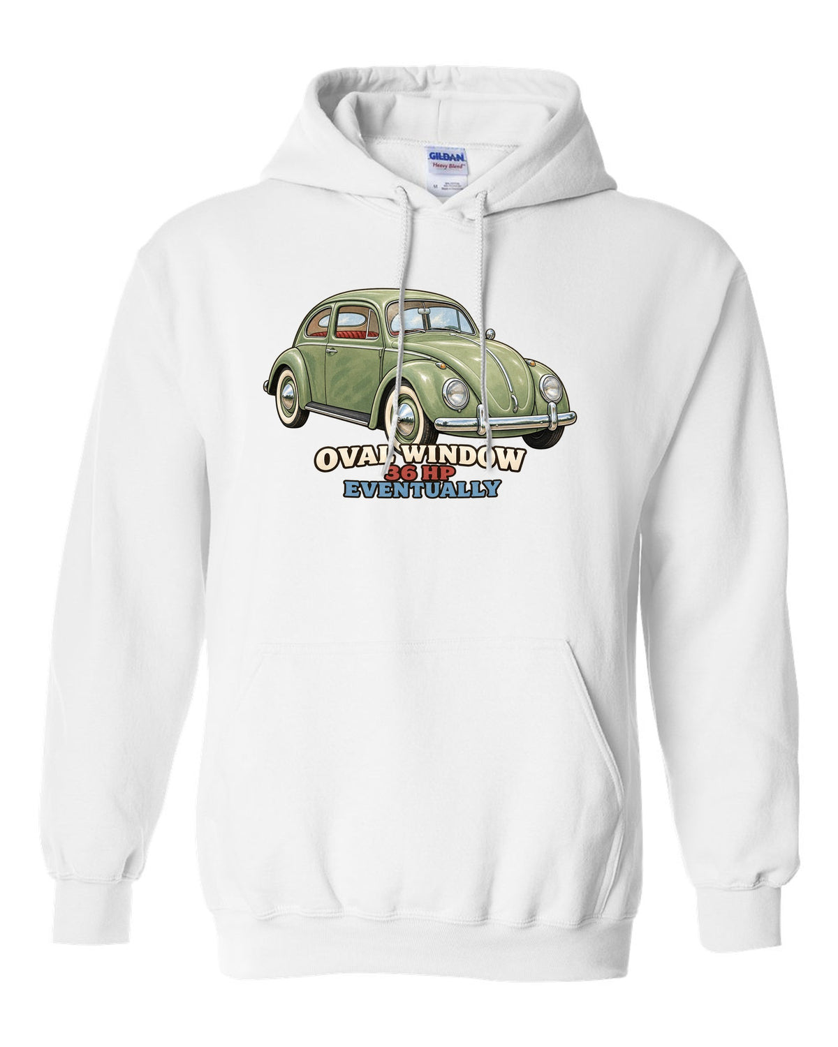 Gouache painted print of a 1956 VW Beetle Type 1 oval window with 36 HP lettering white pull over hoodie front view with the design