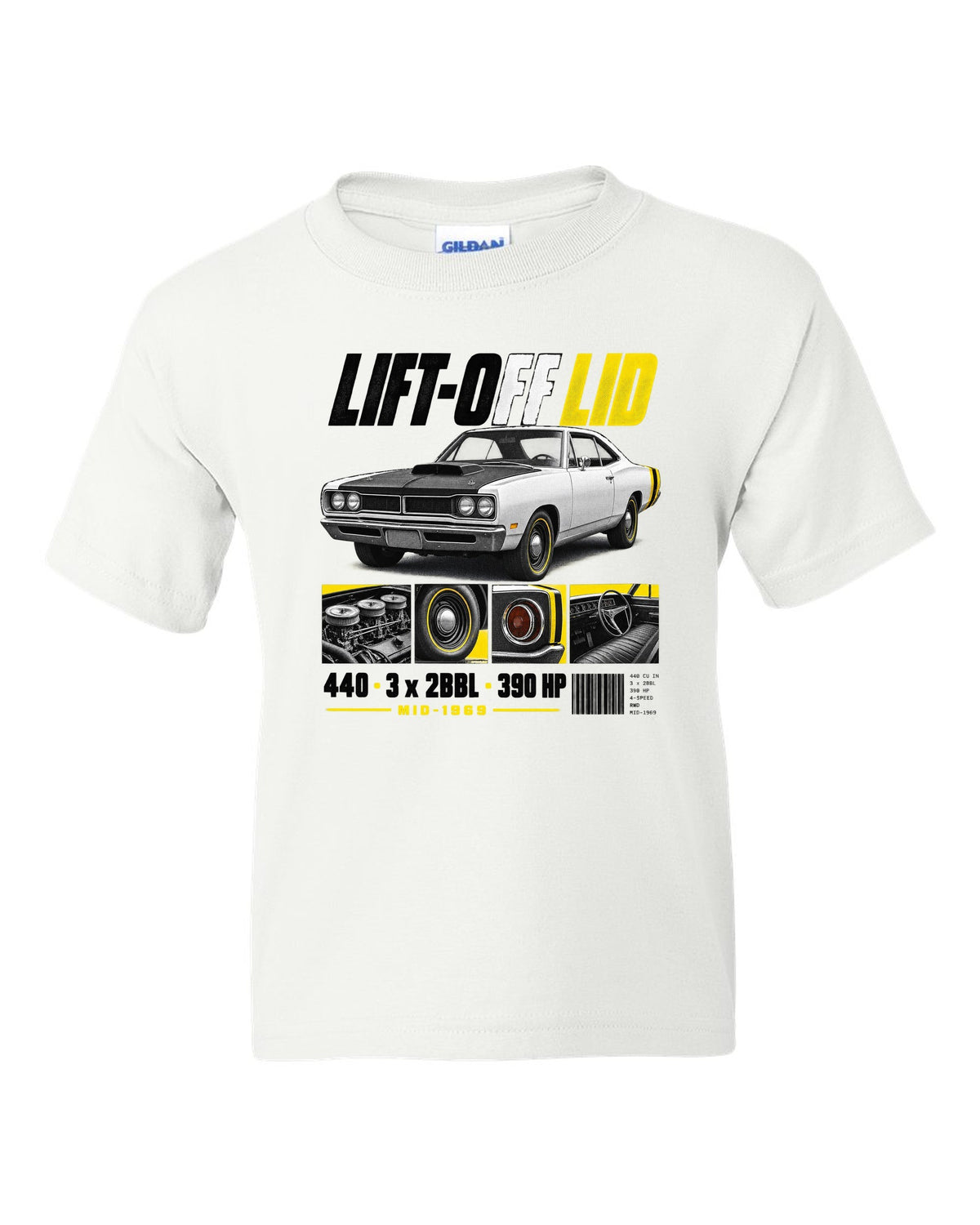 1969 Dodge Coronet Super Bee A12 dossier panel print with lift-off lid and 440 lettering white kids tee front view with the design