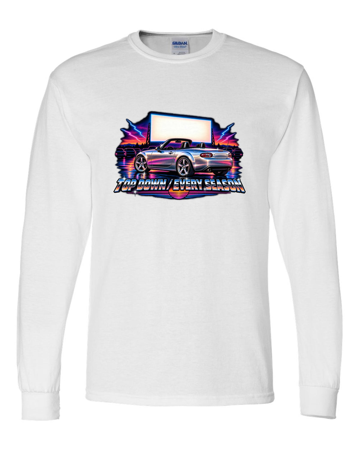 Eighties airbrush chrome print of a Mazda MX-5 NC with the text Top Down Every Season white long sleeve front view with the design