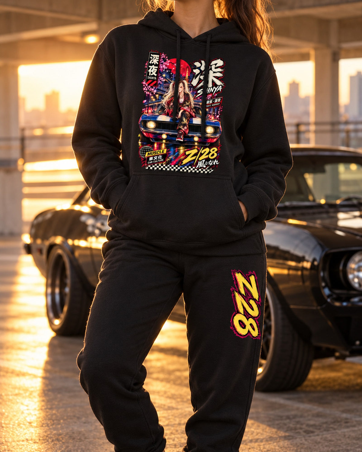 Z28 Shinya Anime Girl Poster Hoodie + Jogger Set Black worn hero