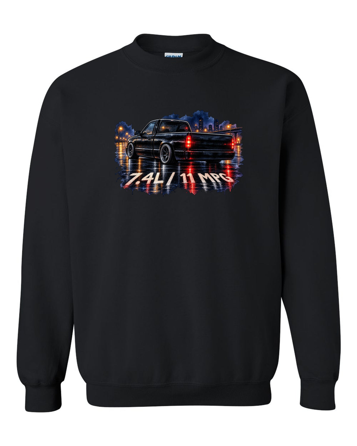 80s airbrush chrome print of a 1990-93 Chevrolet 454 SS pickup with 7.4L and 11 MPG text black crewneck front view with the design