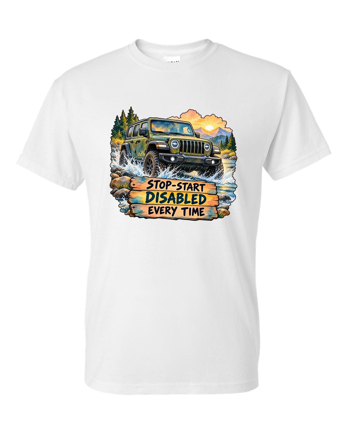 Watercolour night road print of a Jeep Wrangler JL with stop-start disabled text white t-shirt front view with the design