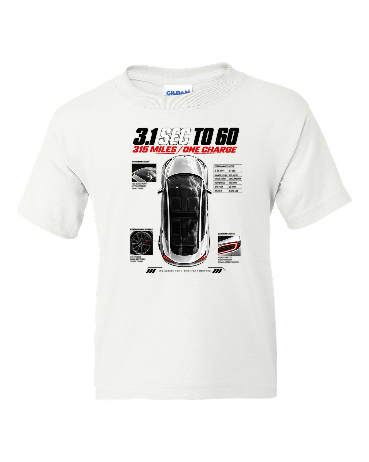 Top-down spec poster print of a Tesla Model 3 Performance with 0-60 and range figures white kids tee front view with the design
