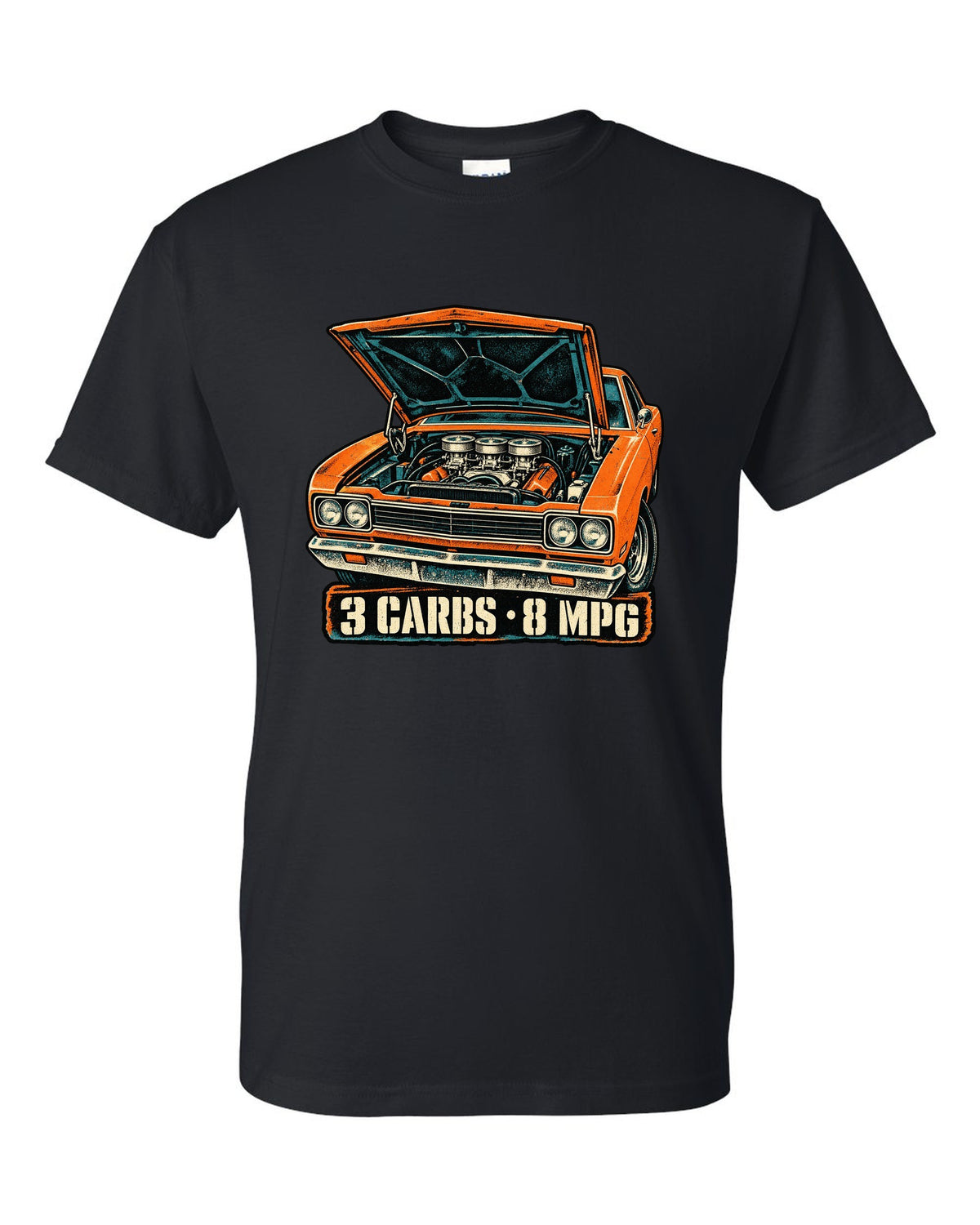 Four-colour grunge screen-print of a 1969 Plymouth Road Runner Six Pack with 3 carbs 8 MPG text black t-shirt front view with the design