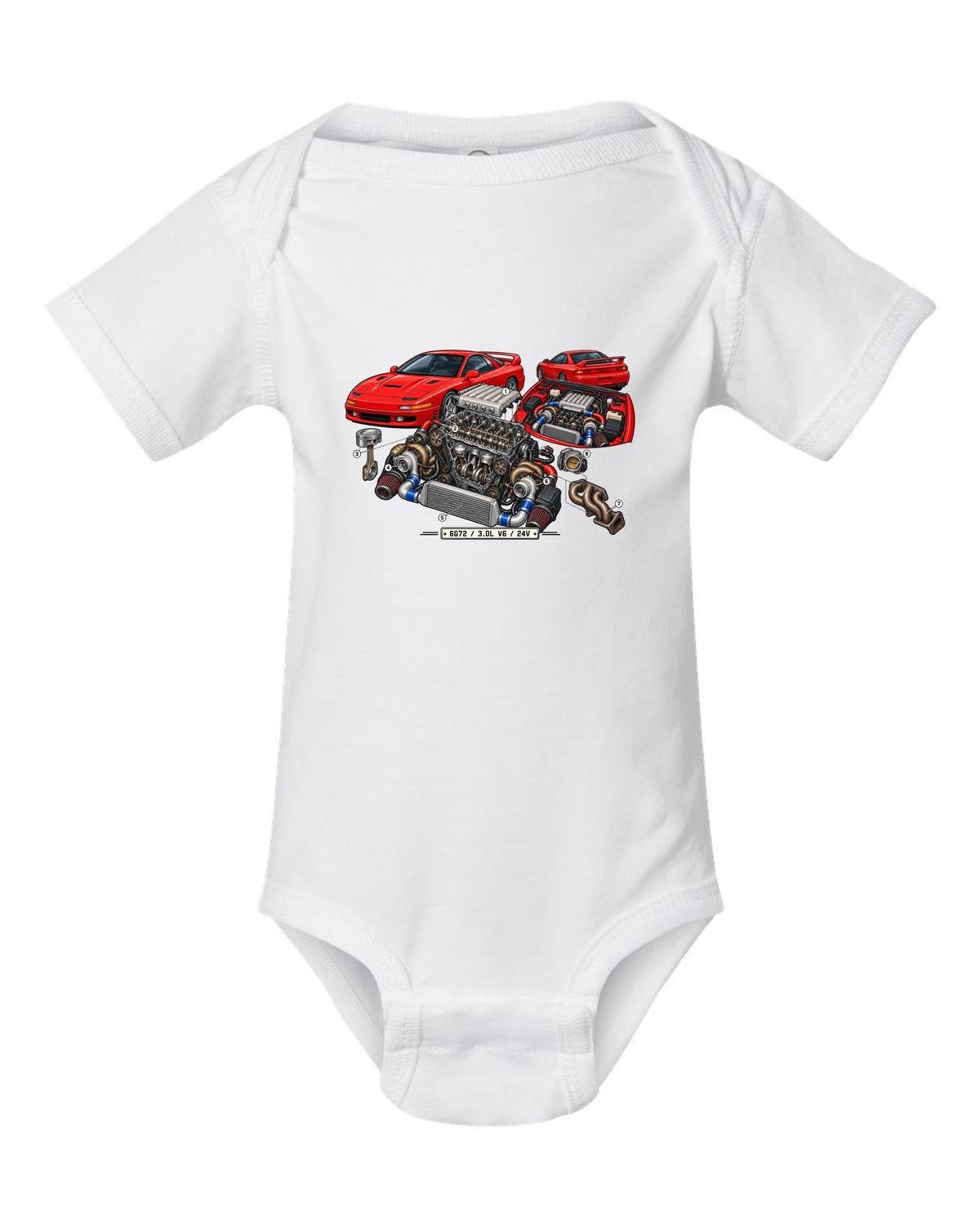 Exploded engine cutaway print of the 6G72 V6 for the Mitsubishi 3000GT VR-4 with 3.0L 24V text white baby onesie front view with the design